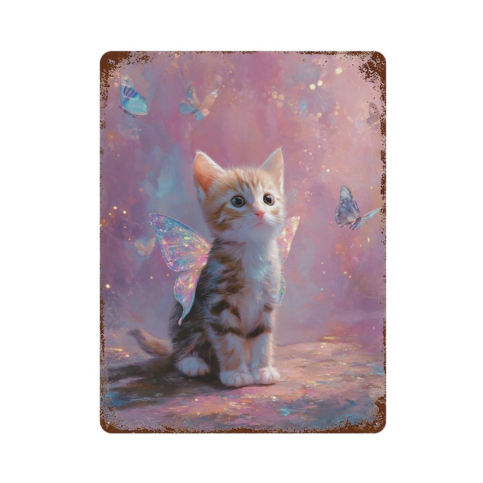 Enchanted Fairy Kitten Vintage Metal Tin Sign 15.7"x11.8", Rustic Home Decor for Garage, Bar And Workshop Decor