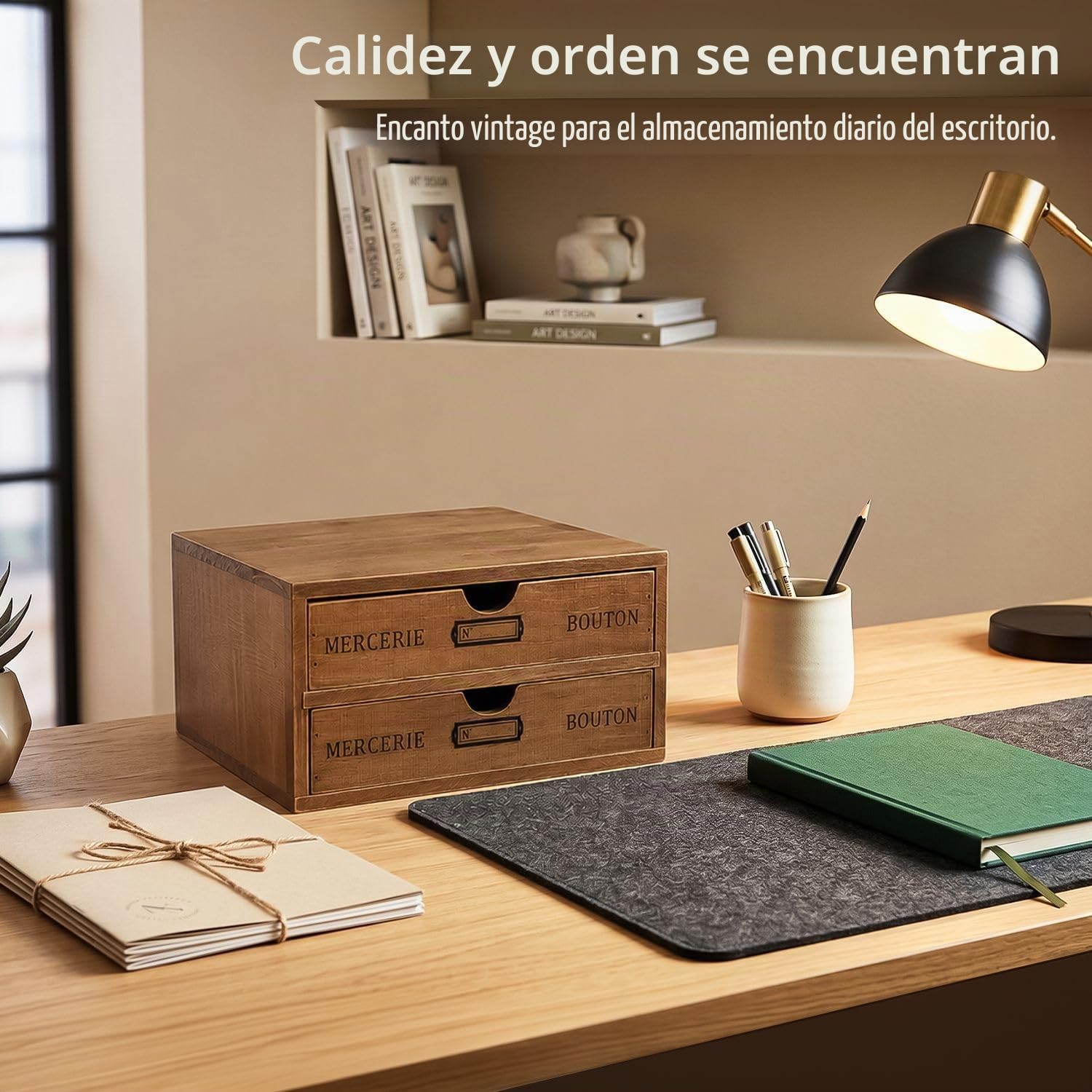Flexzion Organizador de suministros de oficina de escritorio de madera con 2 cajones de almacenamiento, gabinete de mesa de madera de 2 niveles, caja de accesorios de escritorio para encimera, para el
