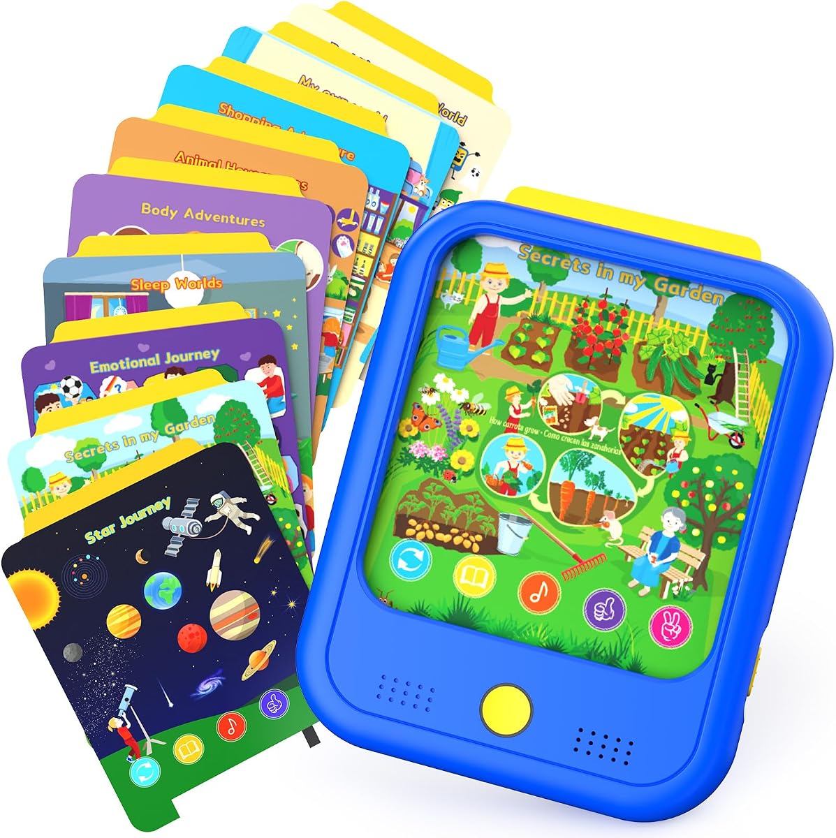 Actualice la tableta de aprendizaje para niños Almohadilla de aprendizaje educativa para niños pequeños de 2 a 5 años para aprender alfabetos, números, alimentos, tiempo, música, vehículos, tableta de juguete para niños pequeños de 2, 3, 4, 5 y 6 años | Tarjetas flash parlantes español-inglés, juegos interactivos, juguete Montessori sin pantalla, regalos de aprendizaje para niños de 2 a 6 años