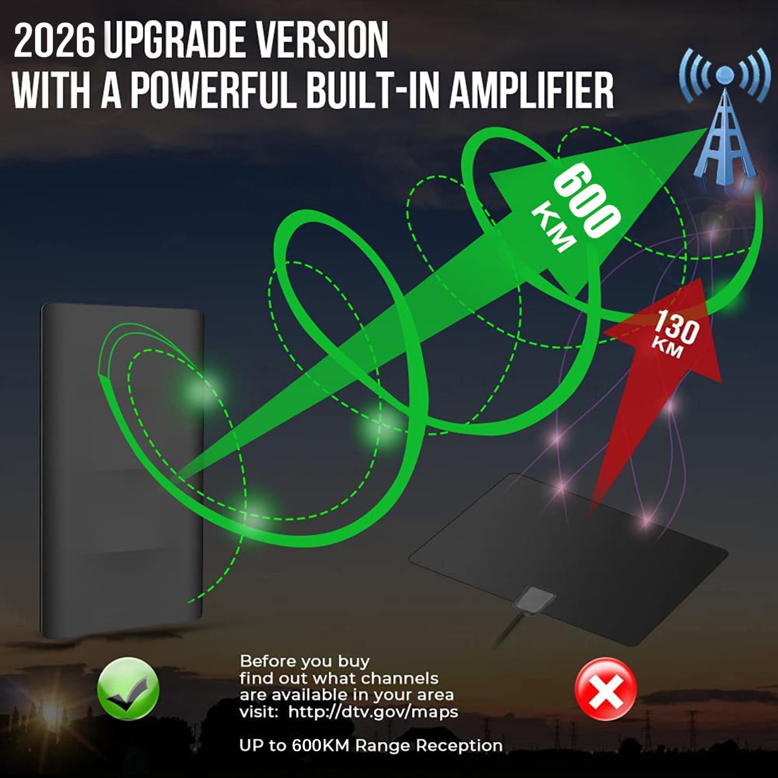 2026 Potente Antena de TV para Interiores y Exteriores, Rango de Recepción de 600KM Antena HDTV Digital, Compatible con 4K 1080p Todos los Televisores Inteligentes, 10M Desmontable Cable Coaxial