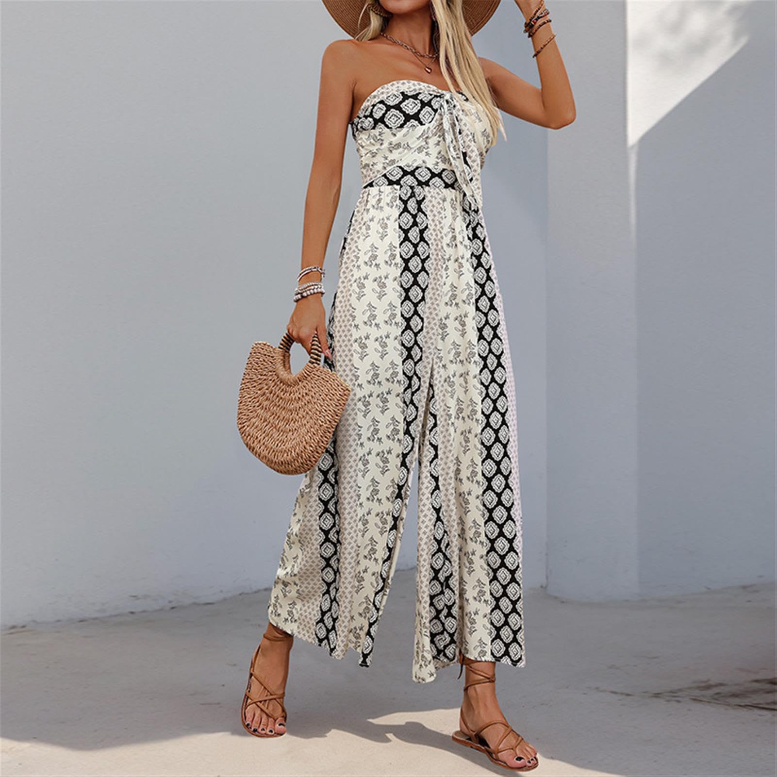 Boho monos de las mujeres - Floral sin mangas tubo mono, cintura alta pantalones largos para trajes de verano