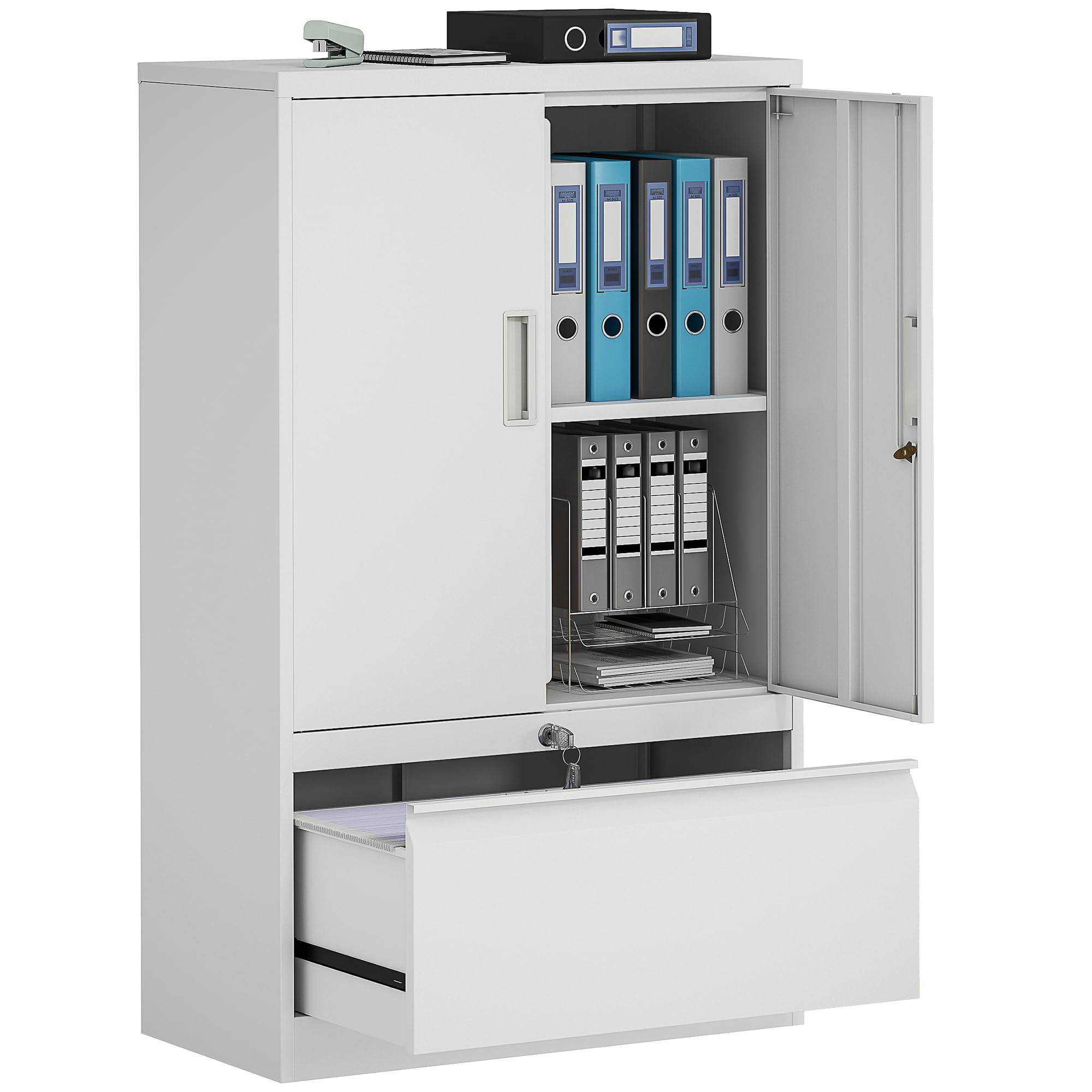 HOMCOM Armadio Portadocumenti 2 Ante in Acciaio con Serratura Bianco | Schedario da Ufficio, Ripiani Regolabili, Cassetto per Formato Lettera/Legale/A4, Mobiletto Multiuso per Studio