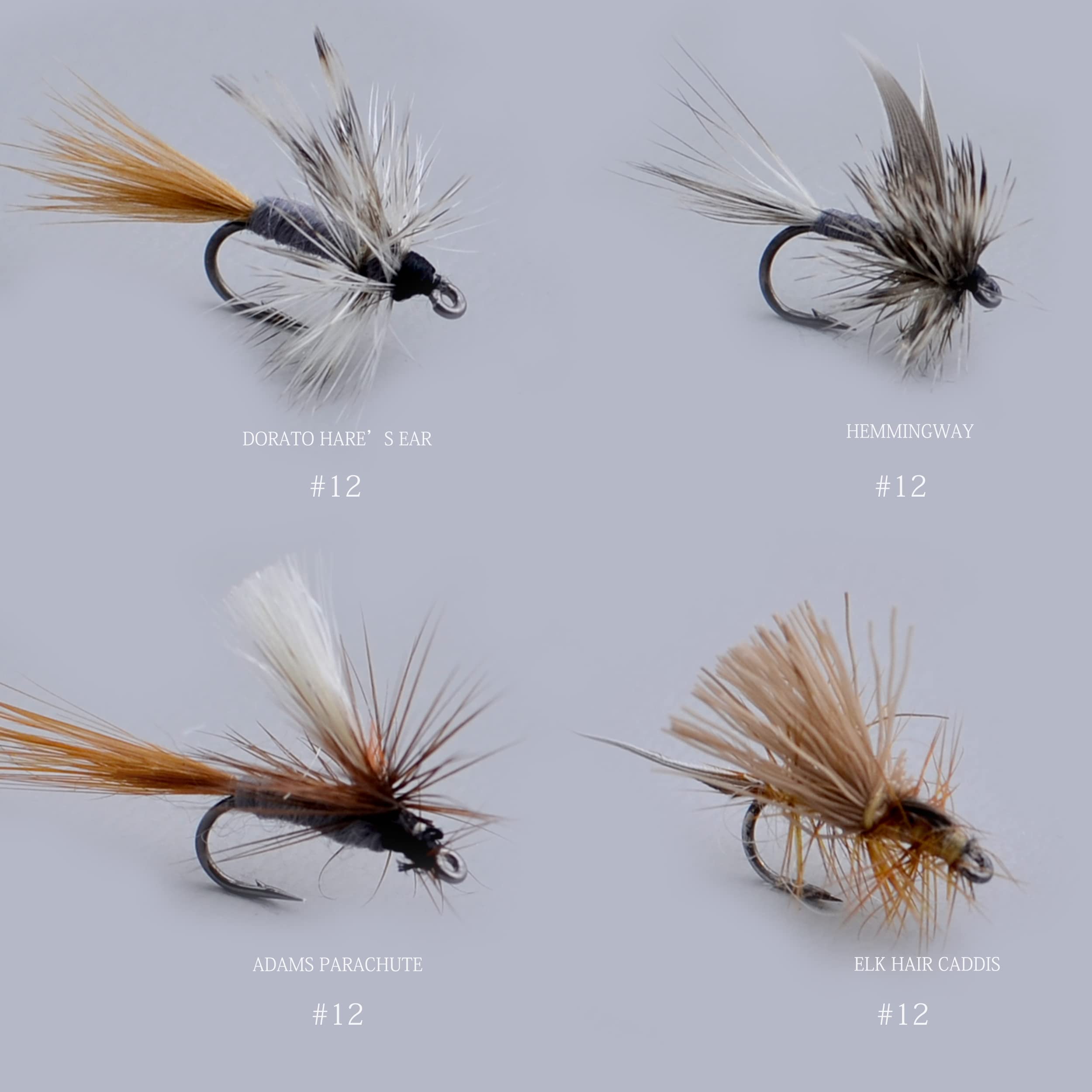 Fliegenfischen Trockenfliegen/EIN Dutzend/Caddis Parachute/DORATO Hasenohr/ELK Hari/GRIFFITH'S GNAT/HEMMINGWAY/Parachute Adams/Royal Coachman/PEG's Midge (Vier Sorten)