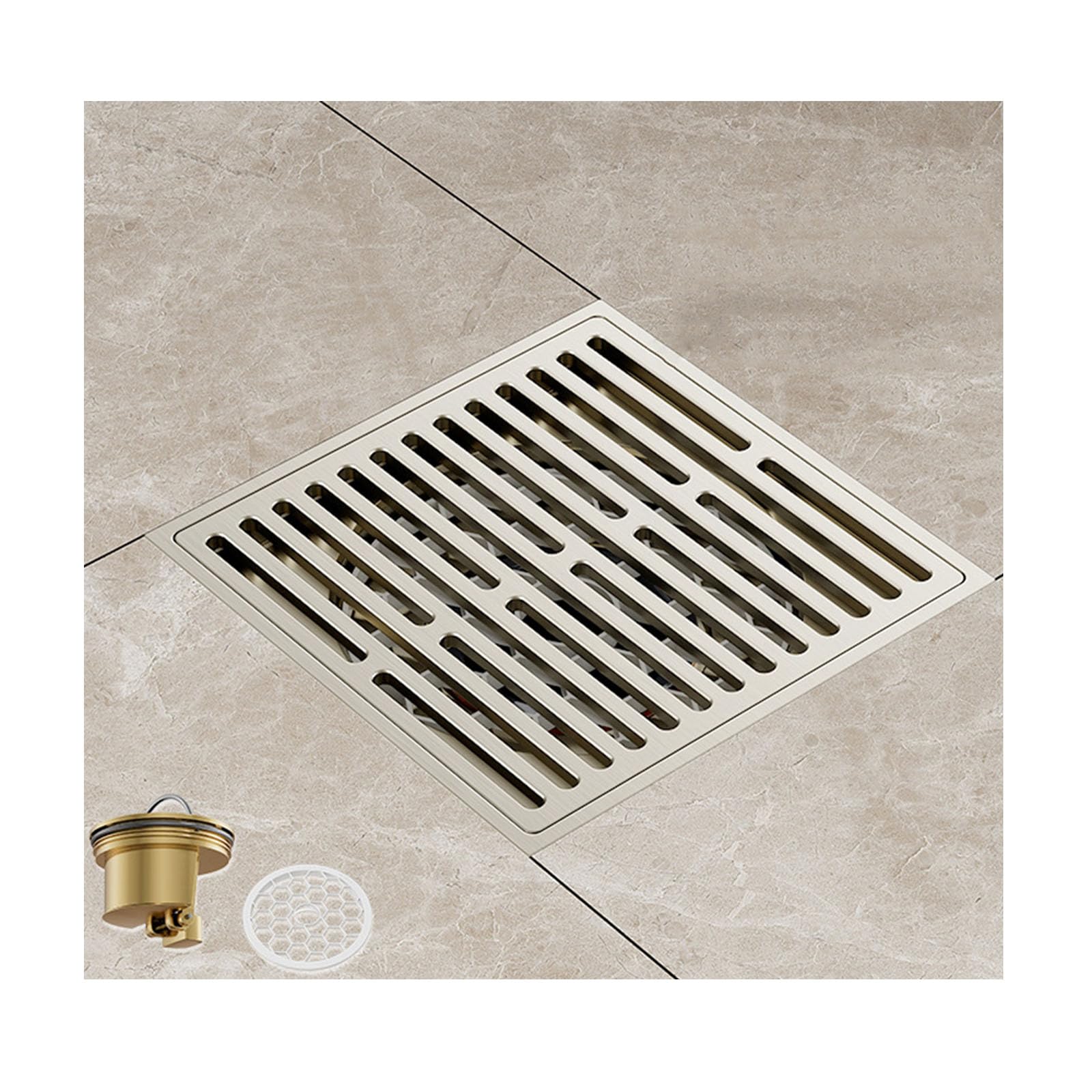 Yihanwuu Cream Shower Floor Drain With Removable Grid Grate And Hair Strainer,Square Shower Drain,Brass Shower Floor Drain Kit/Cream/Copper Core