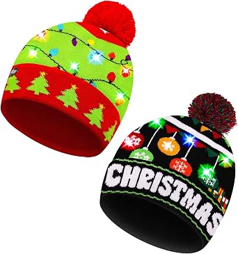 2 Pack Christmas LED Light-up Knitted Beanie Hat Colorful Flashing Holiday Xmas Christmas Party SuppliesOne Size Fits More