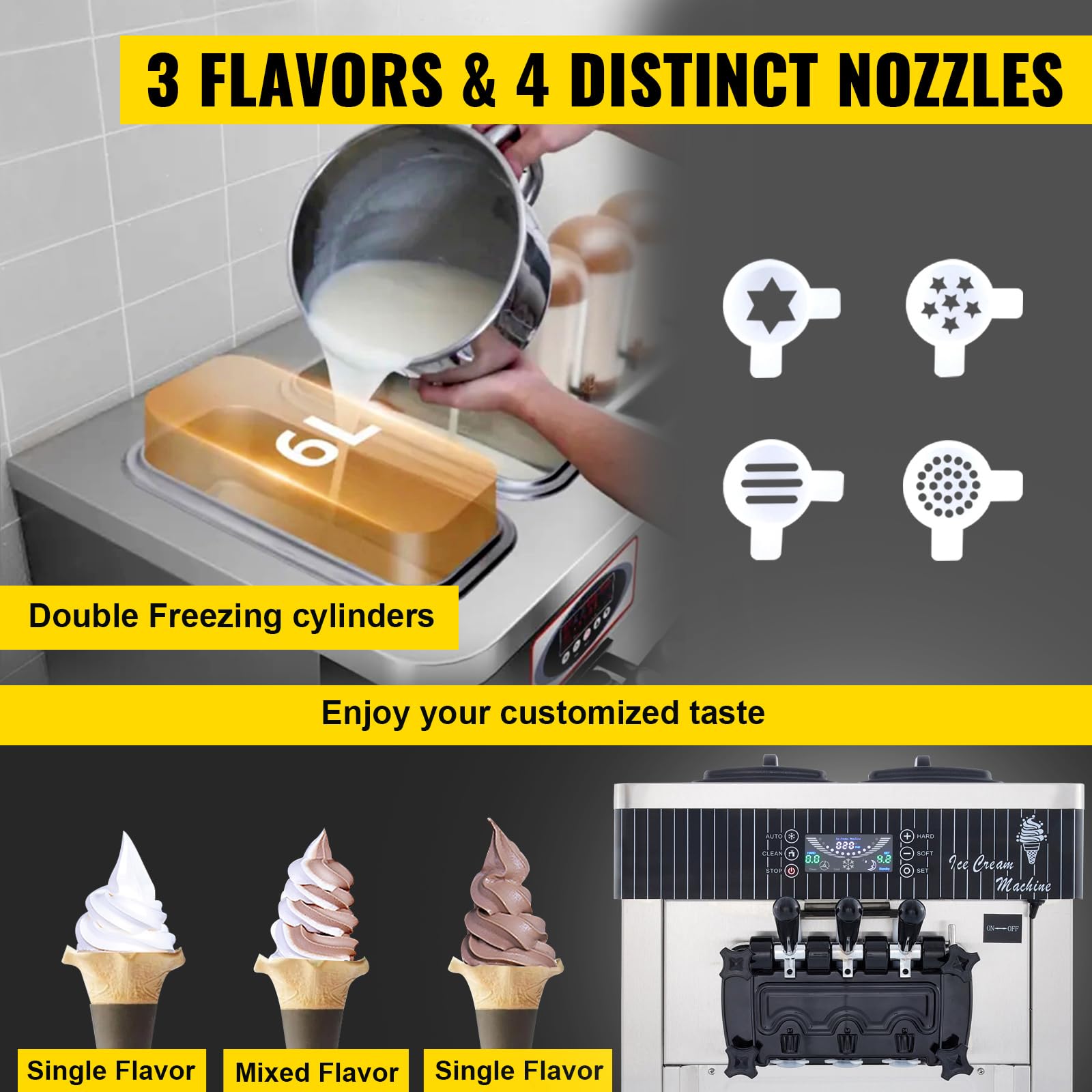 Machine à Crème Glacée professionnelle 2200W Machine à crème glacée italienne 20-28L/h 3 Saveurs Panneau LED à Nettoyage Automatique pour Yaourt Café Snack-Bar Glacier Camion-Restaurant 2 x 6L