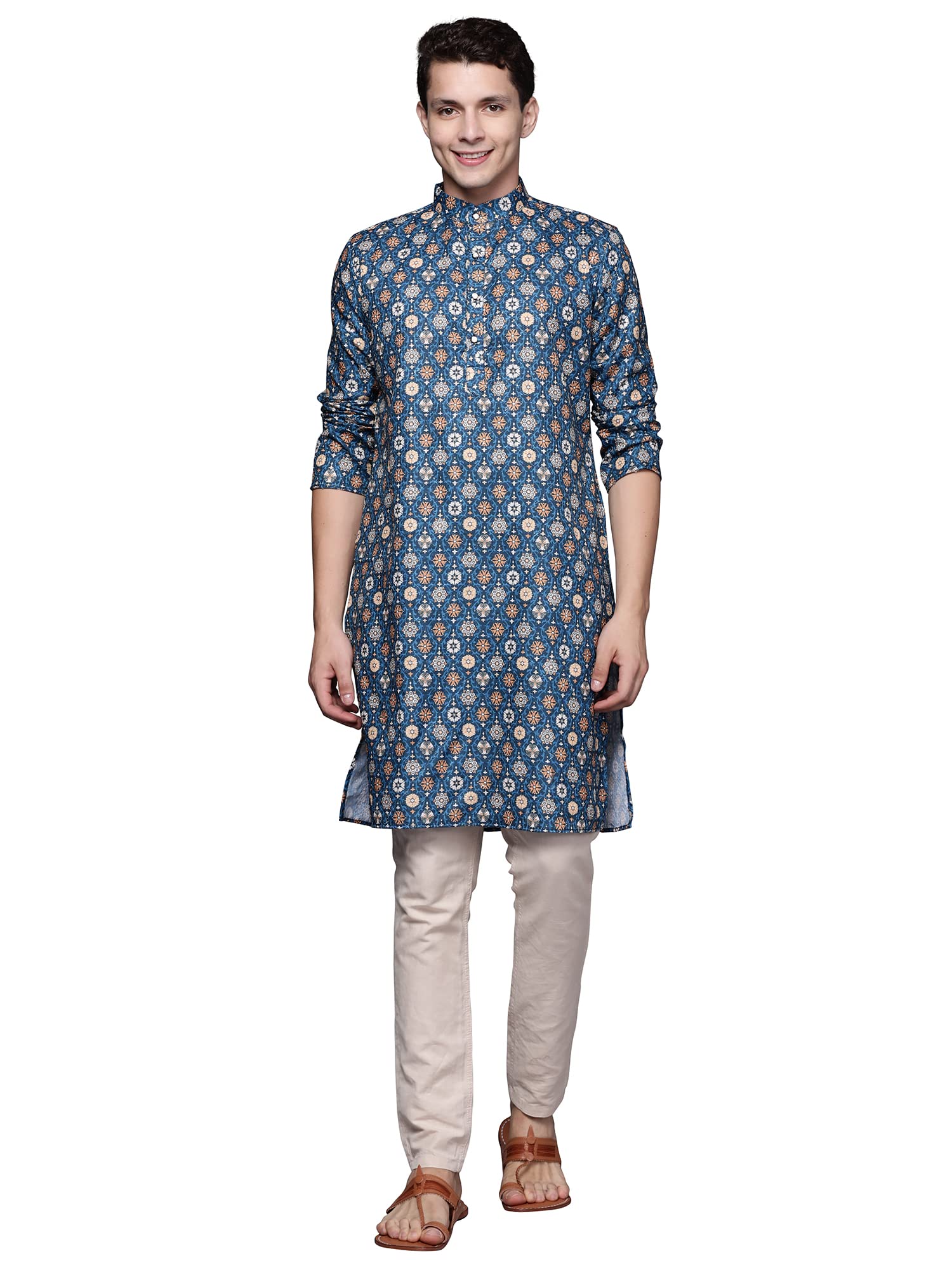 Indo Era Men's Cotton Printed Festive Straight Long Kurta (MKT0BL1233_Blue_Ready to Wear_S to 2XL-Size) in blue