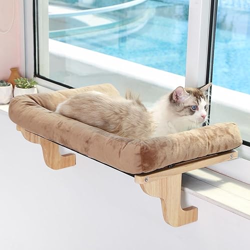 Zakkart Cat Perch for Window Sill with Bolster - Orthopedic Hammock Design with Premium Hardwood & Robust Metal Frame - Cat Window Seat for Large Cats - Natural Color Wood Brown Bed, XLarge 26.4''W