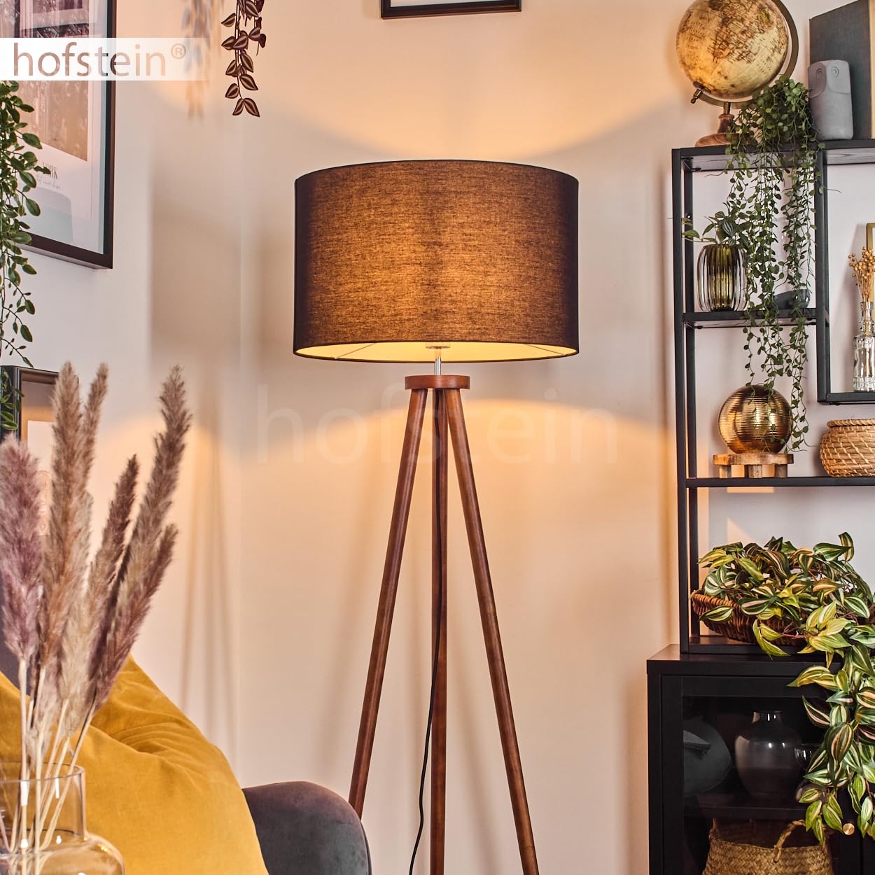 Stehleuchte Flemming, Stehlampe aus Holz/Stoff in Dunkelbraun/Schwarz/Weiß, Leuchte im skandinavischen Design mit rundem Schirm (Ø 50 cm) u. Fußschalter, Höhe 155 cm, 1 x E27, ohne Leuchtmittel