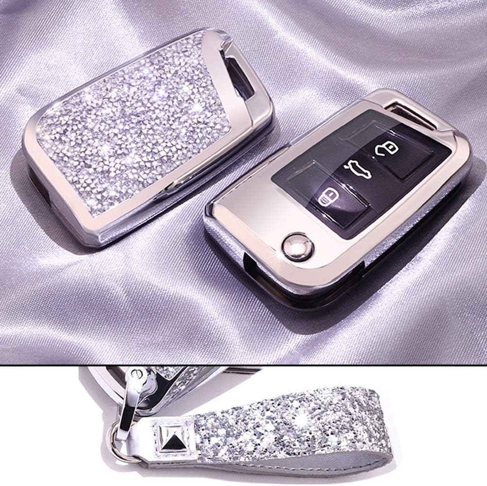 Royalfox(TM) 3 Buttons 3D Bling flip Folding Remote Key Fob case Cover for 2015 2016 2017 VW Volkswagen Golf MK7 GTI R R20 Jetta Tiguan Touran Lamando,for Skoda Octavia A7 Kodiaq Keychain (Silver)