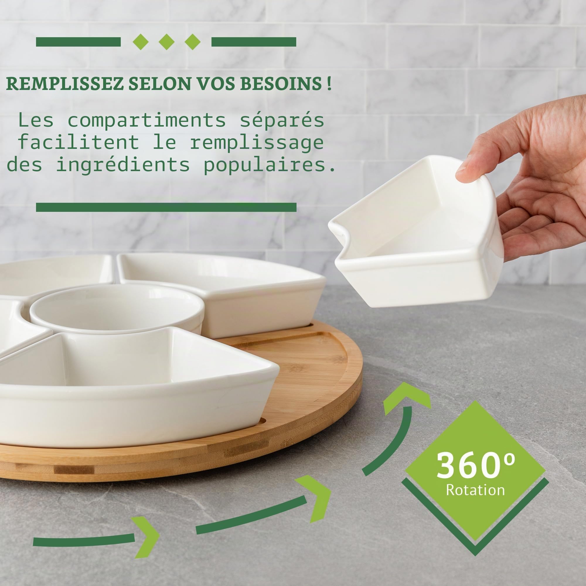 Plateau Aperitif en Céramique, Plateau Tournant Compartimenté pour Collation Tacos Lazy Susan – Ensemble Plateau de Service Apero pour Les Entrées et Desserts de fête, Salsa (33 cm)