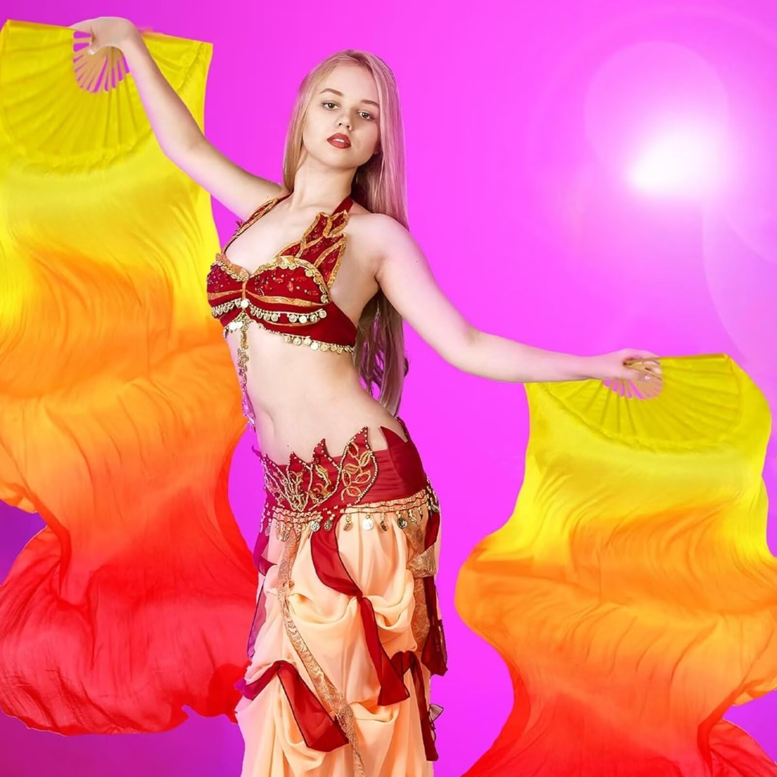 Ventilador de bambú de seda para danza del vientre 1,5 Metros Hecho a Mano (Rojo)