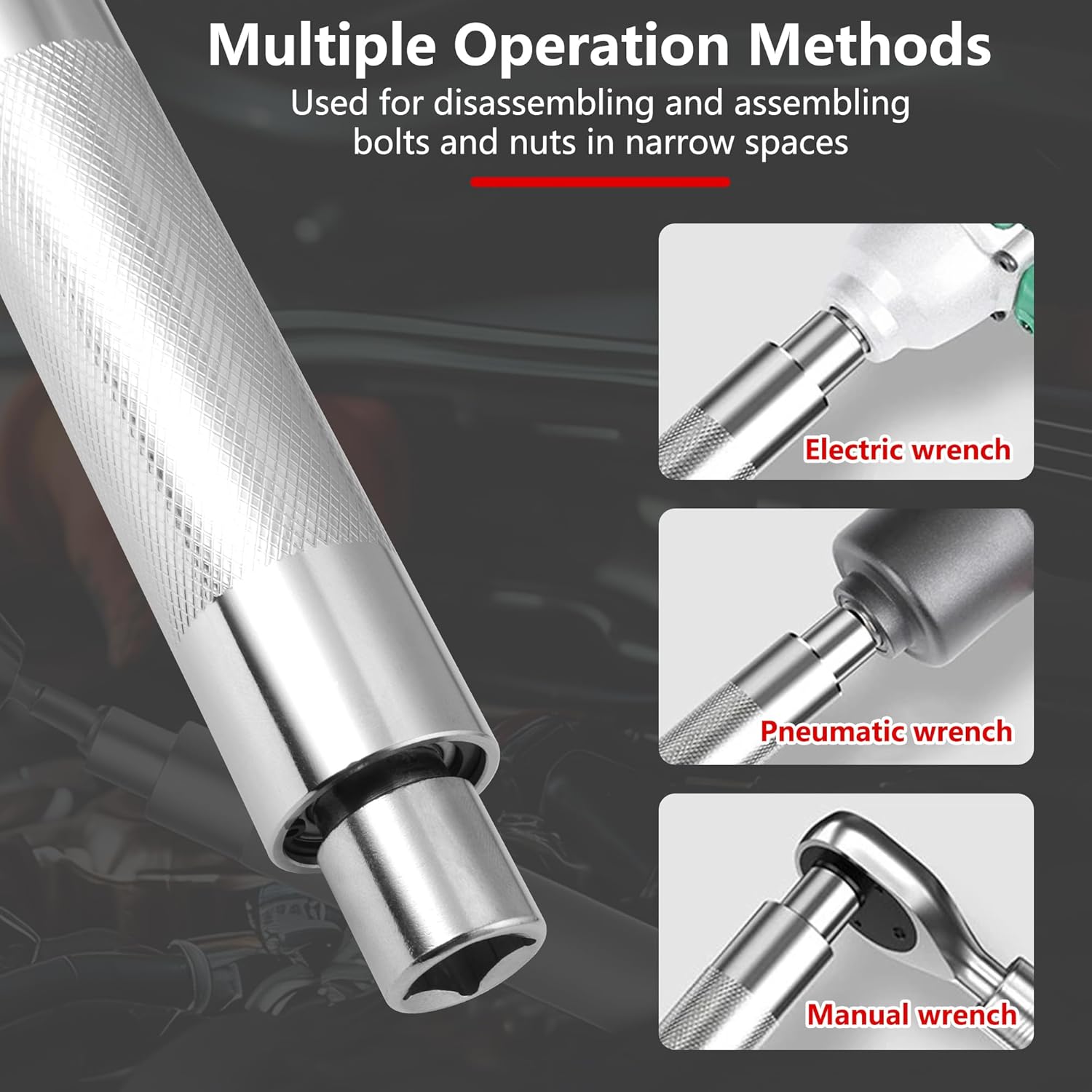 1/2" Offset Extension Wrench, Impact Ratchet Extender for Electric Drill with 6 Square Drive Adapters & Sockets(3/8" 1/4" 1/2" )High Torsion Steel Wrench Extender Slim Design for Tight Narrow Spaces