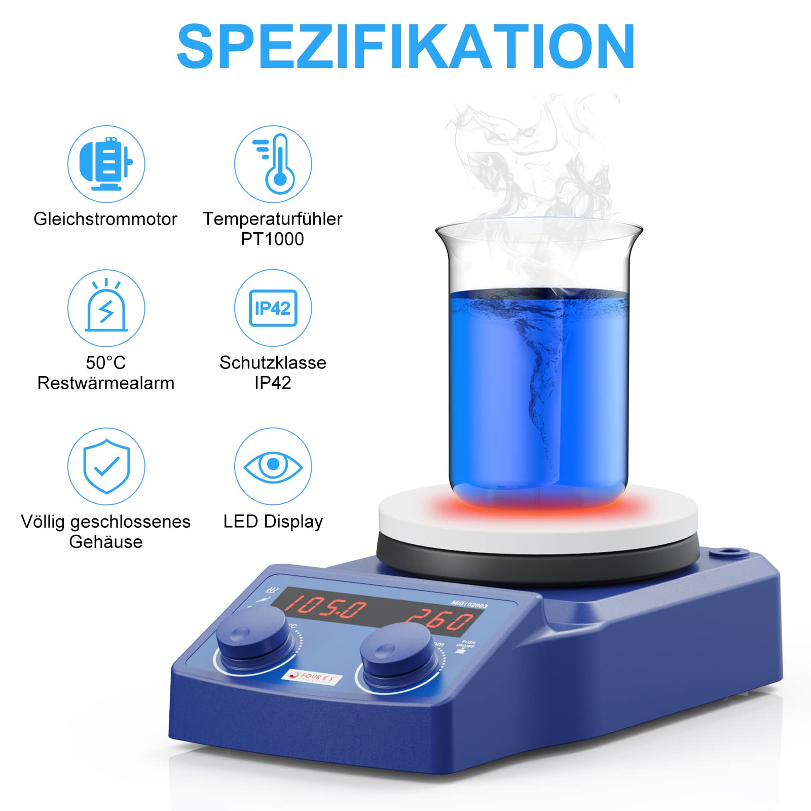 Magnetrührer mit Heizplatte 100-1500UpM 280°C 5L 135mm mit PT1000-Sensor LED-Display Digital Magnetic Stirrer Hot Plate Labor Rührer Magnetmischer