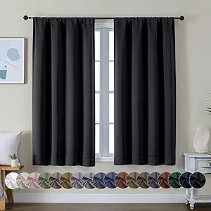 Simplebrand Ava Halloween Black Short Blackout Curtains for Bedroom 45 Inches Long 2 Panels Set, Solid Thermal Insulated, Energy Saving Window Treatment Curtains Blackout Drapes, W40 x L45 Inch, Black
