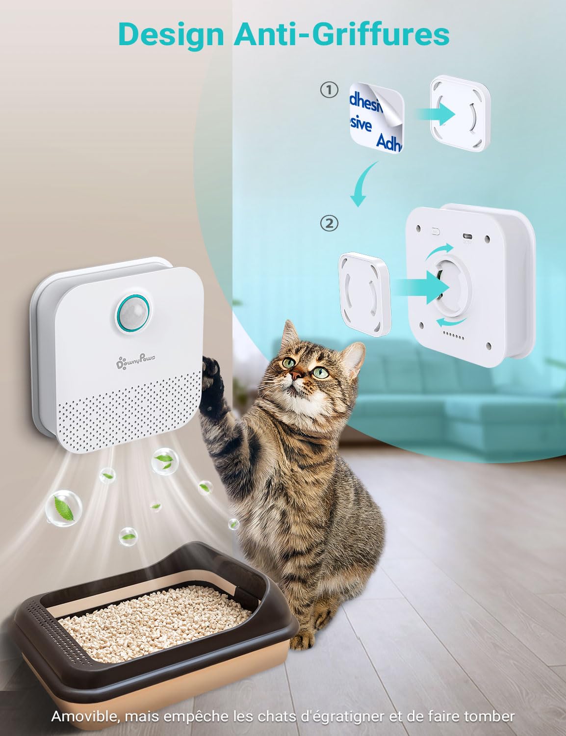 DownyPaws Éliminateur d'Odeurs pour Litière Chat, Désodorisant Tous Types de Bac avec Batterie Rechargeable 14 Jours