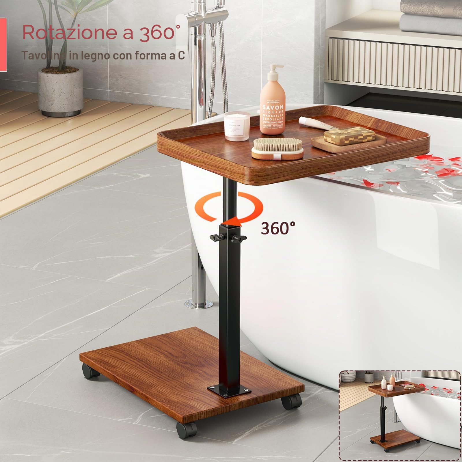 Tavolino laterale regolabile in altezza a forma di C, in legno, girevole a 360°, per divano letto, soggiorno, laptop, caffè su ruote