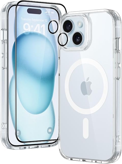 ESR Set di Cover MagSafe per iPhone 15 Plus, 1 Protezione per lo schermo in vetro temperato, 1 Set di protezioni per le lenti, Anti ingiallimento e antigraffio,Trasparente