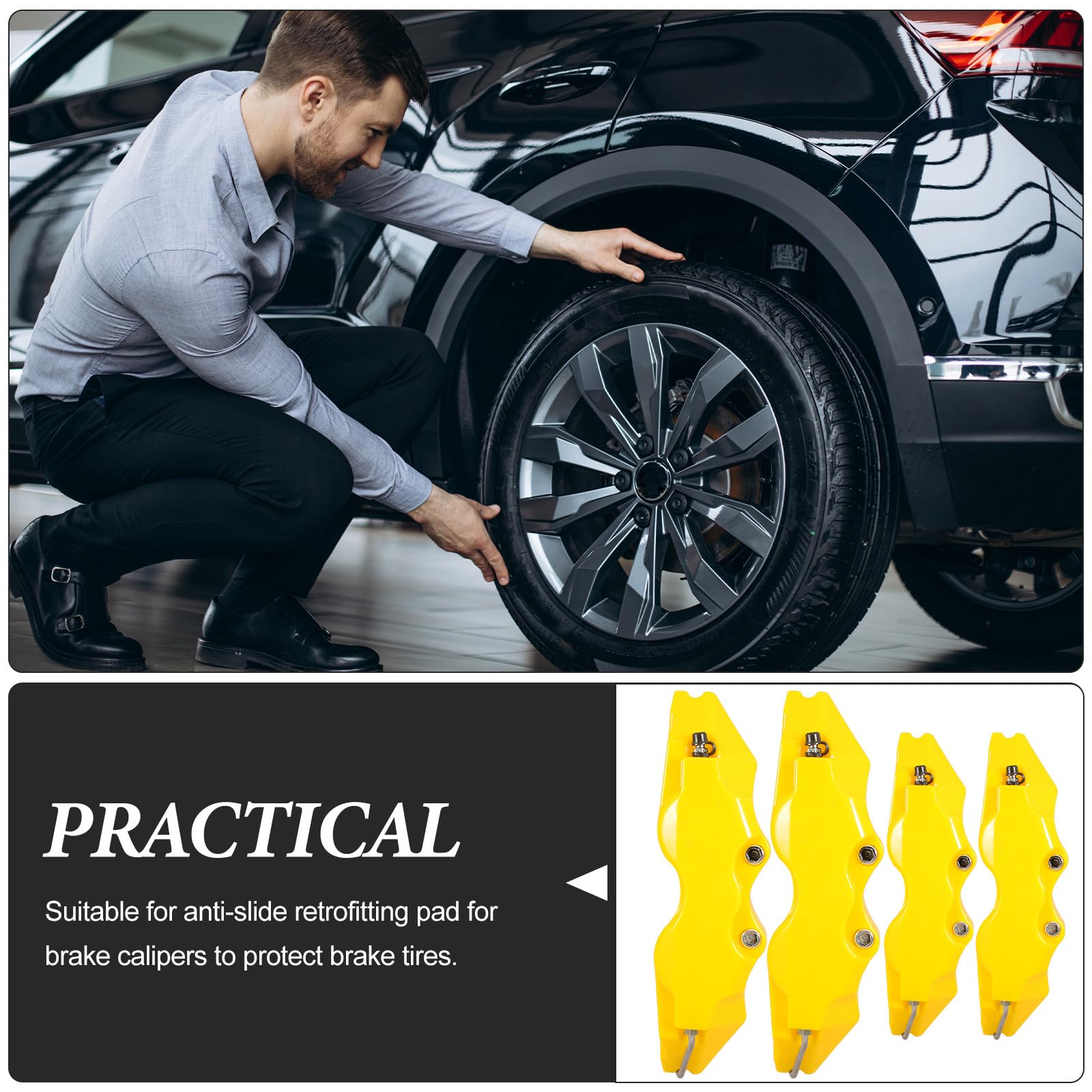 SHINEOFI Cubre Pinzas de Freno Estilo 3D Amarillo para Coches Protección Completa y Fácil Instalación, Kit de 2 Sets para Pinzas de Freno Delanteras y Traseras