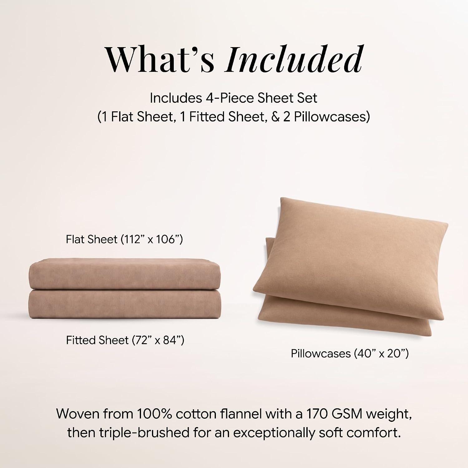 Tribeca Living Triple Brushed Soft Cotton Flannel Sheets Set, Cal King Size 170-GSM Weight Extra Deep Pocket Sheet in Solid Cashmere Color