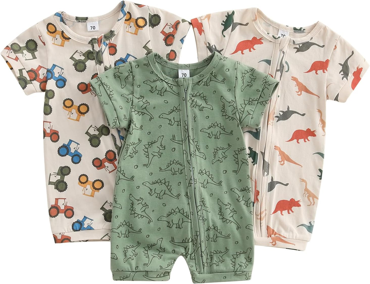 BULINGNA Newborn Baby Boy 3-Pack Jumpsuits Short Sleeve Dinosaur Truck Print Zip Up Bodysuits Infant Rompers