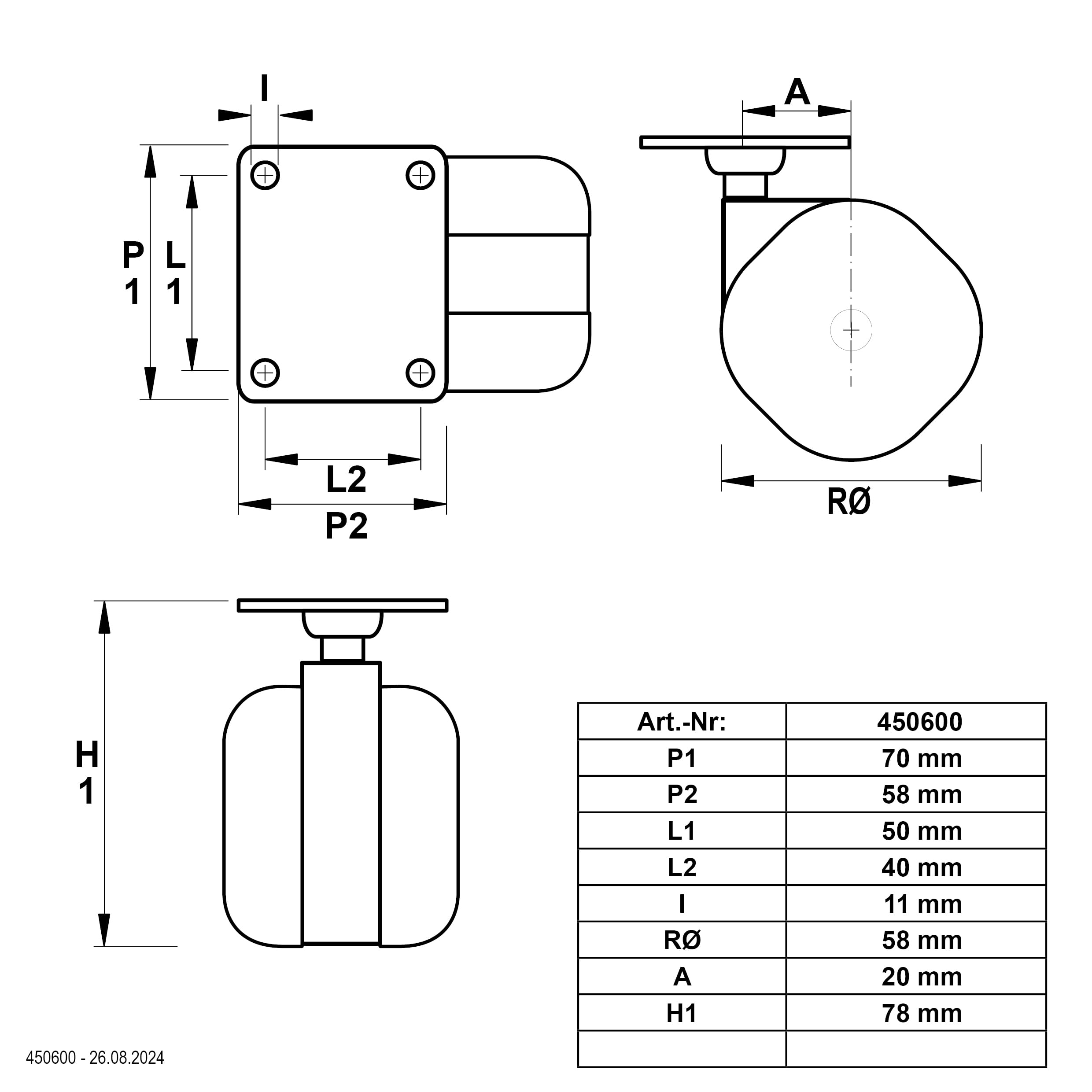 Dörner + Helmer Design Lenkrollen, Eckige Rollen, 4er-Set, 58mm x 10,5mm, 280kg Tragkraft, 70mm x 58mm Platte, Blau