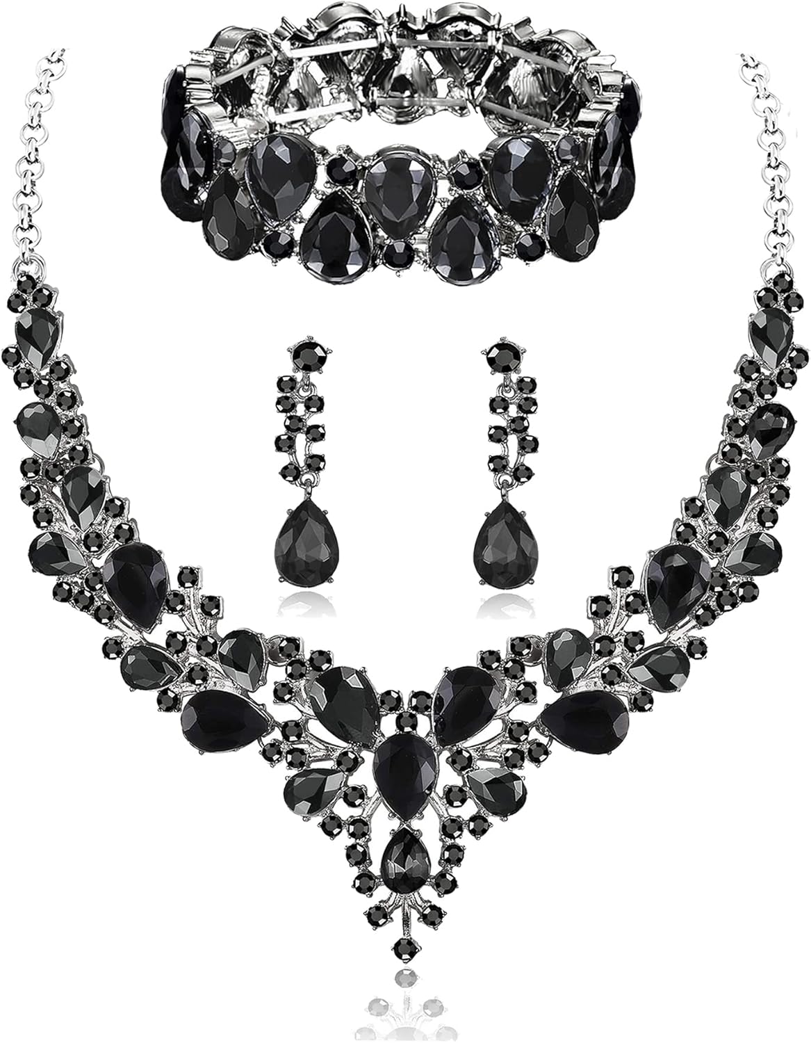 Rhinestone Bridal Jewelry Sets for Women Crystal Necklace Earrings Bracelet Set Silver-Tone Wedding Bridal Bridesmaid Gifts fit with Wedding Dress