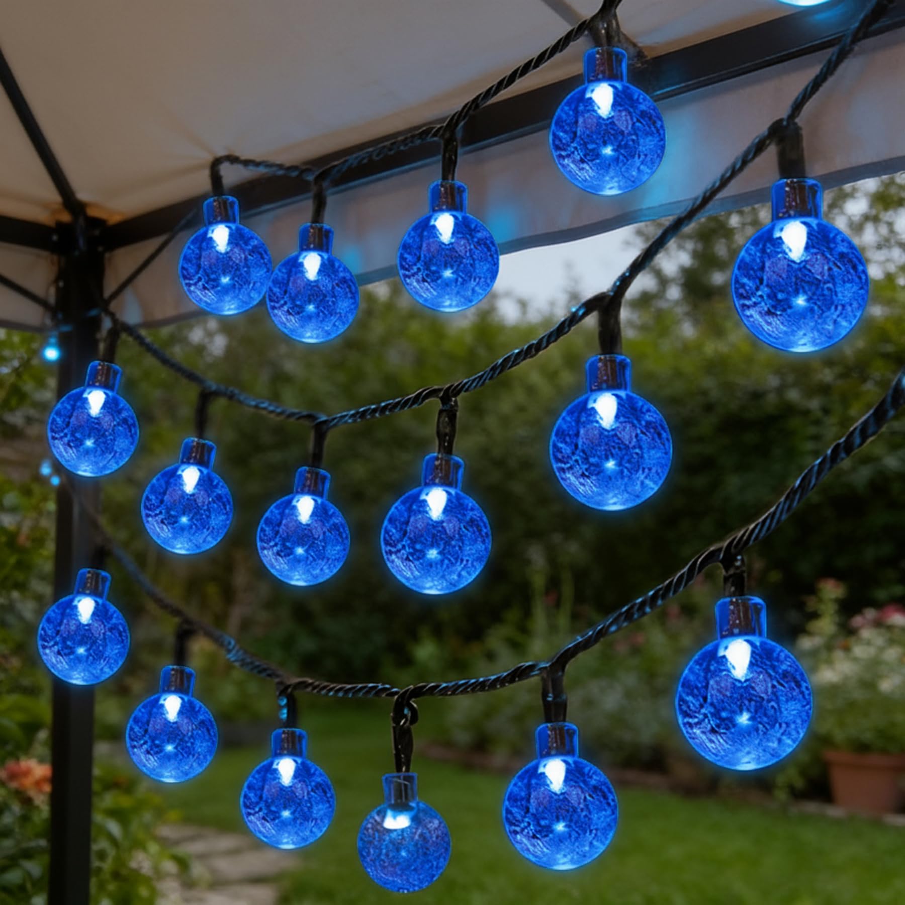 Litabur Blue 50Led Solar Fairy Lights Garden Outdoor, 8M/26Ft Solar String Lights Waterproof Solar Powered Bubble Lights, 8 Modes With 8-Hour Timer, Suitable For Garden, Party, Yard, Gazebo, Decoration (Blue)