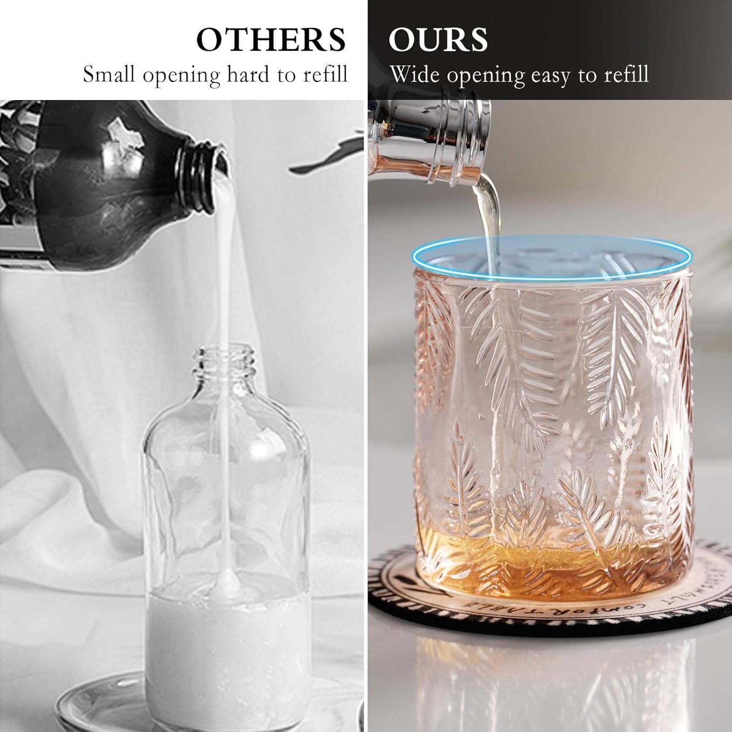 Glass Foam Soap Dispenser for Kitchen & Bathroom - Refillable Lotion Dispenser with Large Gold Pump (Leaf Pattern-Pink) - Image 4