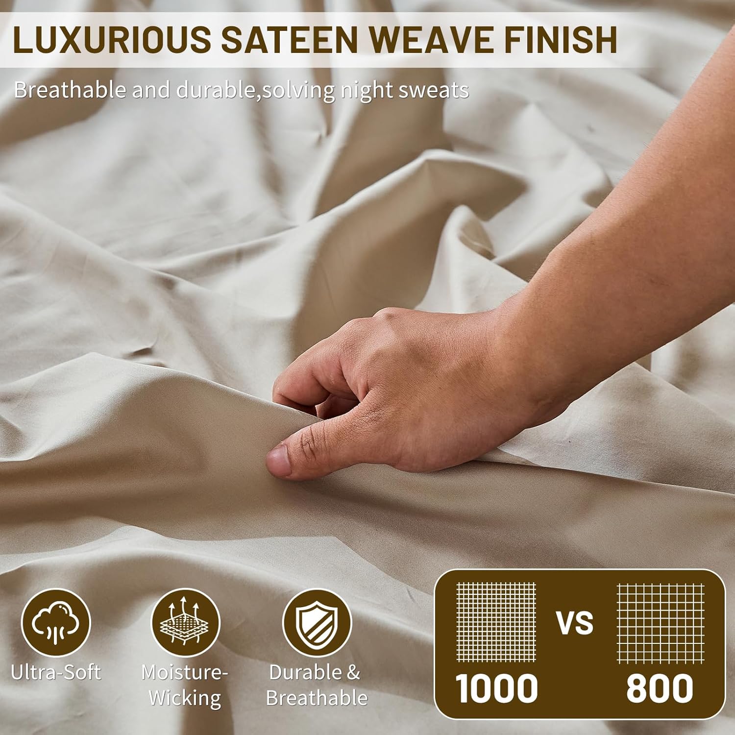 MEISHANG Extra Deep Pocket Cotton Sheets Queen Size - 100% Egyptian Cotton 1000 Thread Count - Fits 18"-24" in Deep Mattress,Oeko-Tex Certified, Soft & Breathable - 4 Piece (Queen, Linen) - Image 3