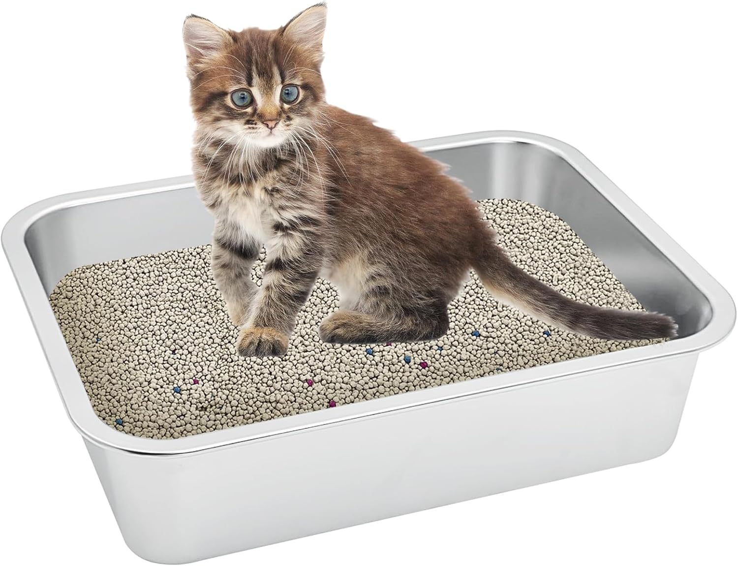 Fhiny Stainless Steel Cat Litter Box, Low Entry Metal Cat Open Litter Pan Potty Kitten Training Toilet Odor Control Smooth Surface（4XL:15.7 x 11.8 x 3.9 in ）
