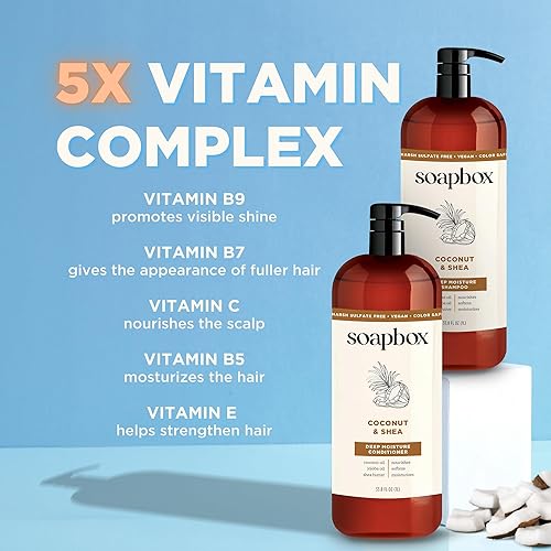Miniatura 5 de Soapbox Set de champú y acondicionador con aceite de coco, aceite de jojoba, aloe y manteca de karité para hidratar y nutrir para todo tipo de