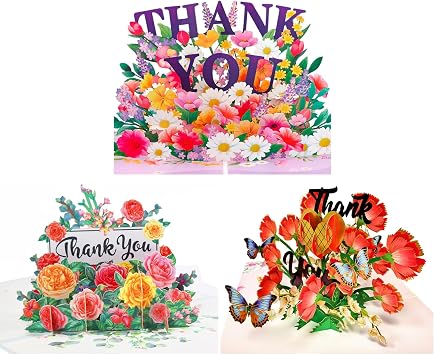 3-Pack Floral 3D Pop Up Thank You Cards for Women Mom Dad Men, Greeting Cards for Nurses Teachers - Flower Bouquets