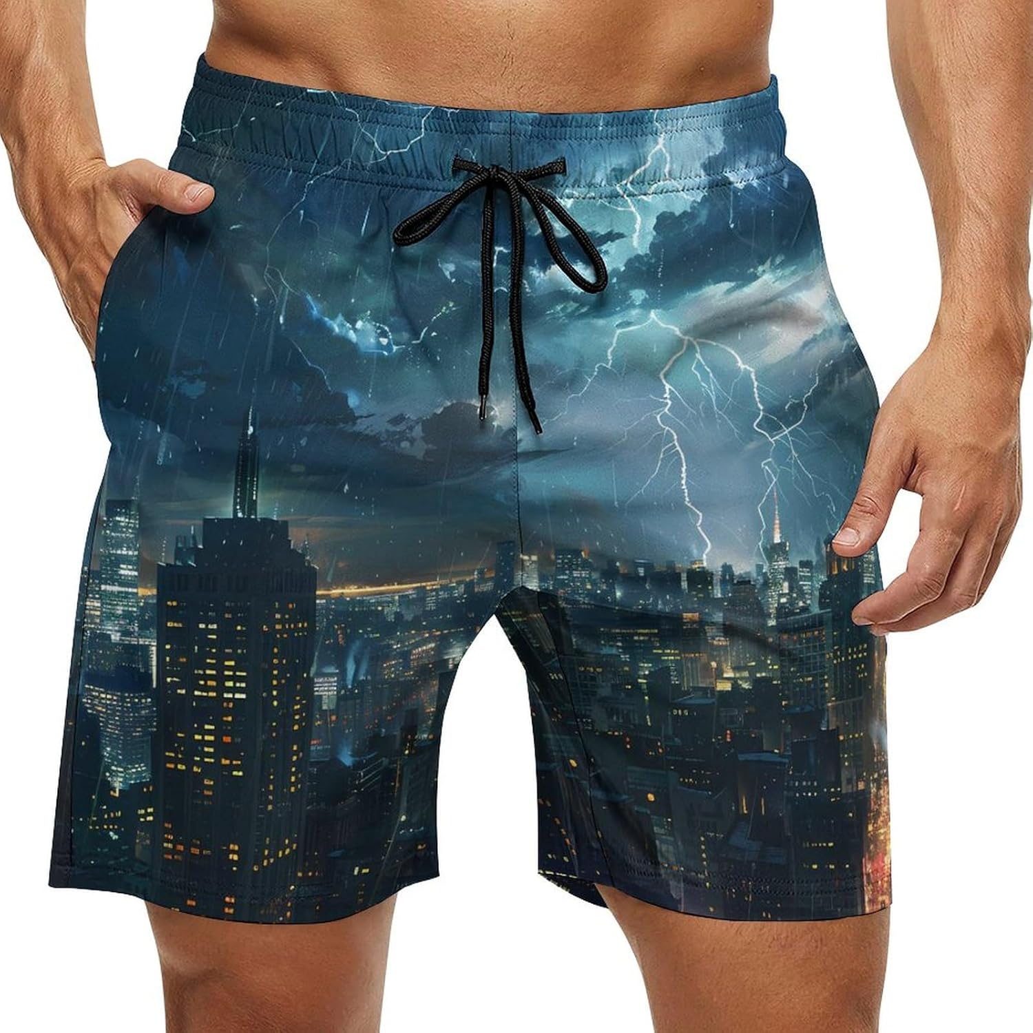 Storm and City Night View Casual Men's Swim Trunks Novelty Summer Beach Shorts Swimwear with Pocket