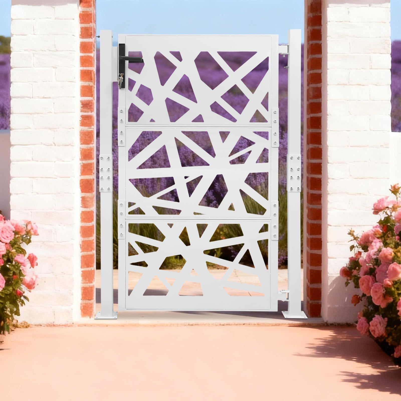 Cancello da giardino in acciaio, con serratura a chiave, in metallo, per giardino, cortili, terrazze (bianco, 105 x 150 cm)