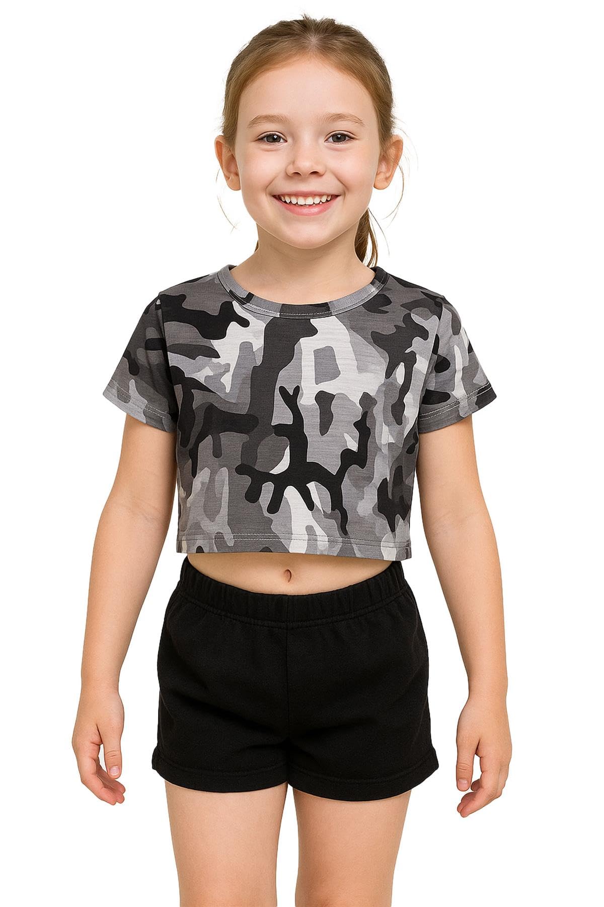 A2z 4 Kids Girls Camo Charcoal Crop Top Plain T Shirt Casual Summer Outfit Set