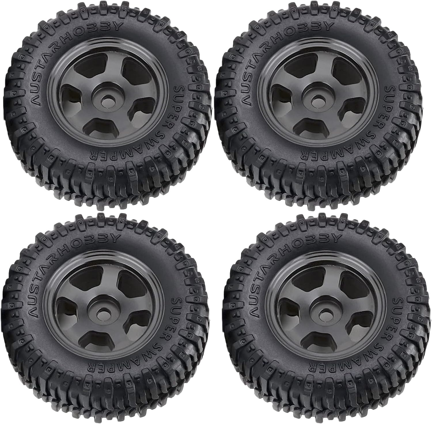 4PCS 1.0 inch Micro Aluminum Metal Beadlock Vehicle Wheel 60MM Mud Rubber Tires Set Compatible with 1/24 RC Crawler Car Axial SCX24 AXI90081 AXI00001 Upgrade Parts (Black)