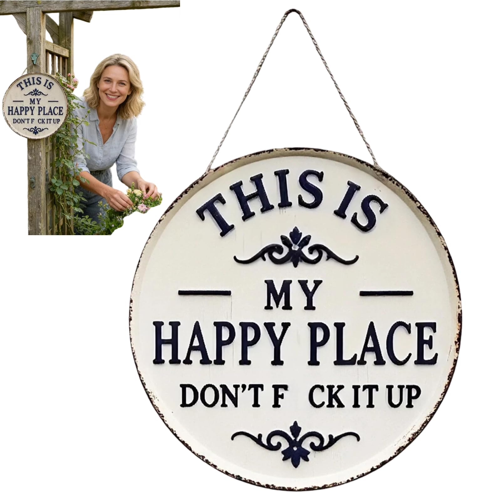 Happy Place Door Sign, “This is My Happy Place Don’t F*ck It Up” Vintage Welcome Metal Sign Round Wall Decor, Funny Rustic Garden Plaque for Front Door Home Kitchen Patio Housewarming Gift (20cm)