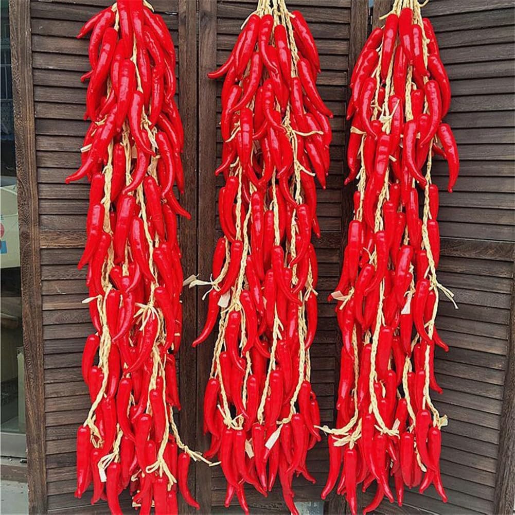 Confezione da 5 corde da appendere al peperoncino artificiale, 50-55 cm, finti peperoni rossi e verdi, per decorazione della cucina di fattoria, oggetti di scena fotografici rustici