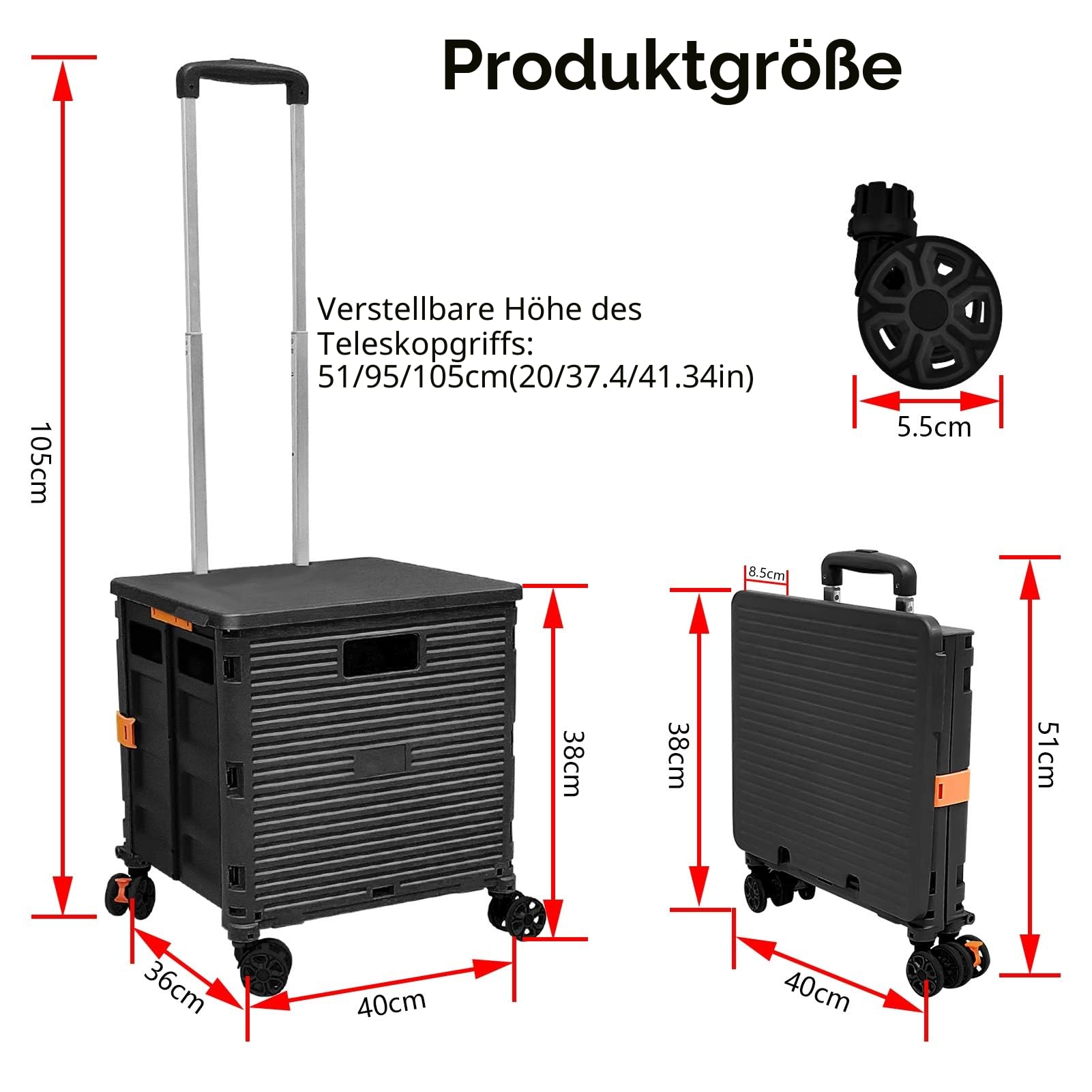 Faltbarer Einkaufswagen, 54L/45kg Hohe Kapazität Multifunktionaler Tragbarer Gebrauchswagen mit Teleskopstange und 4 Zerlegbaren Drehbaren Rädern für Einkaufen, Picknick, Aufbewahrungskiste Schwarz