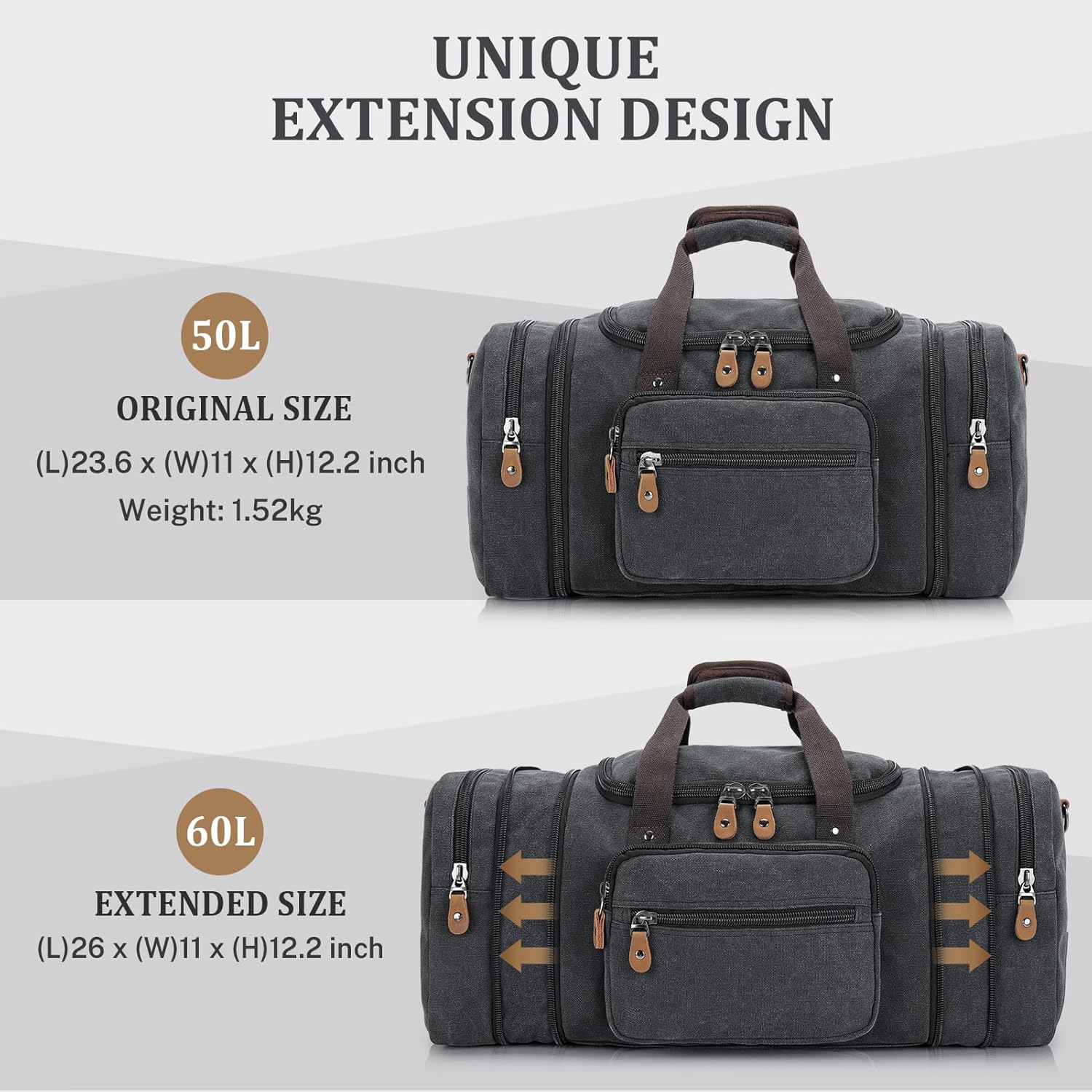 Gonex Canvas Duffle Bag for Travel 60L Expandable Duffel Weekend Overnight Bag men (Dark Gray) - Image 3