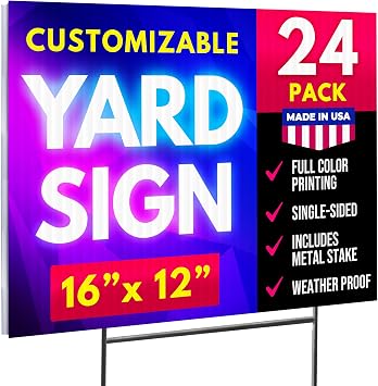 16"x12" Single Sided Custom Yard Signs with Stakes, Personalized Blank Yard Signs for Outdoors, Customized Full Color, Corrugated Plastic Signs for Business 24-Pack