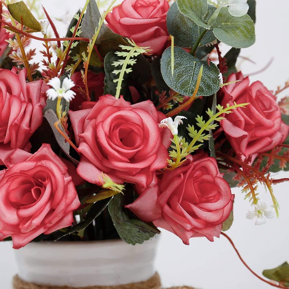 Fleurs Artificielles Roses Avec Vase En Céramique - Bouquet Soie Pour Décoration Maison, Mariage | Fausses Roses Réalistes | 21 Tiges Réglables