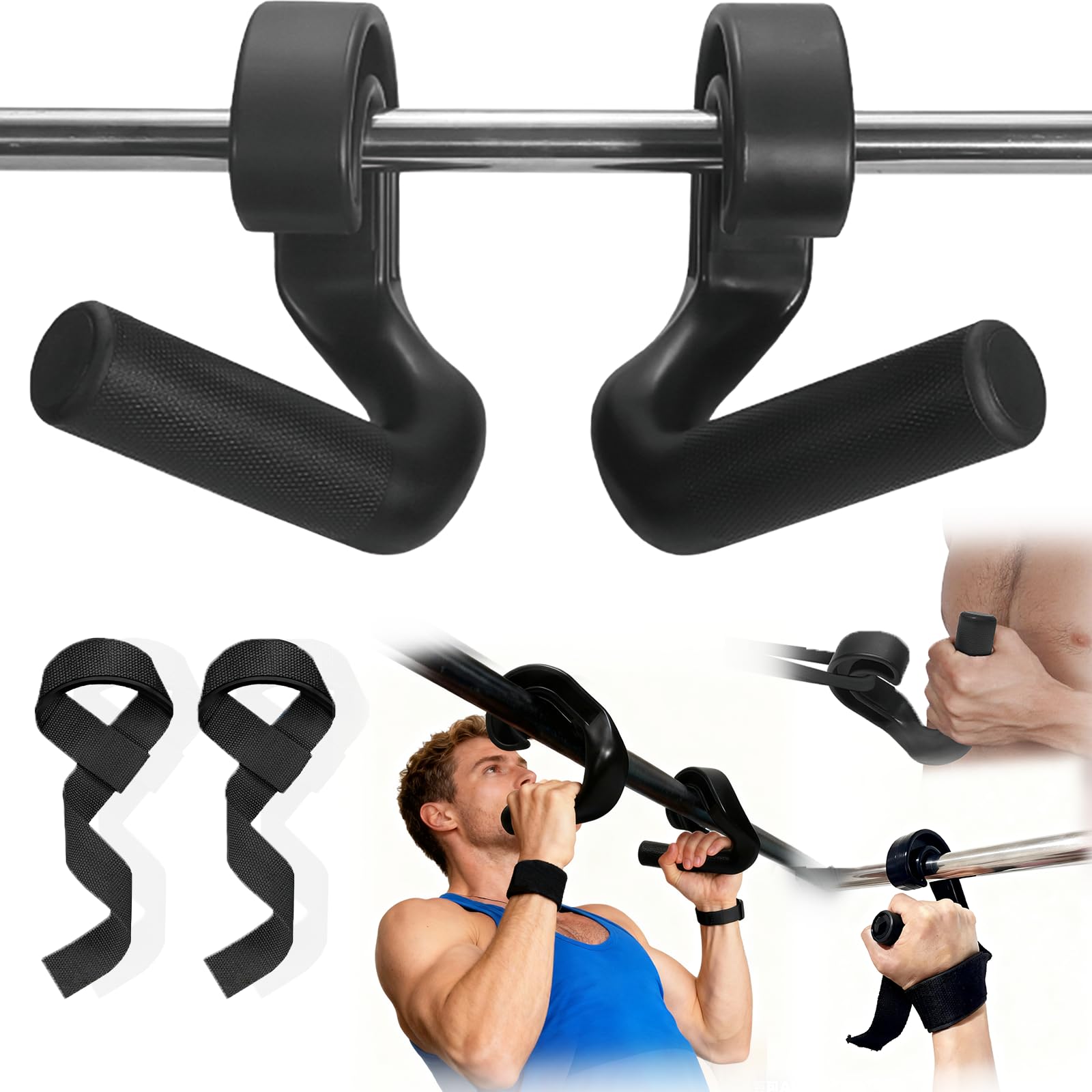 45 90 degree Neutral Grip Pull Up Handles with Lifting Straps - Heavy Duty Angled Barbell Grips Pull