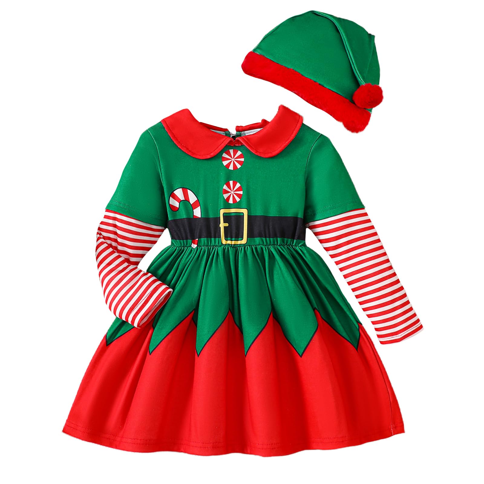 TAGVO Kids Christmas Elf Costume, Girls Christmas Long Sleeve Skirt Dress Party Outfit with Hat
