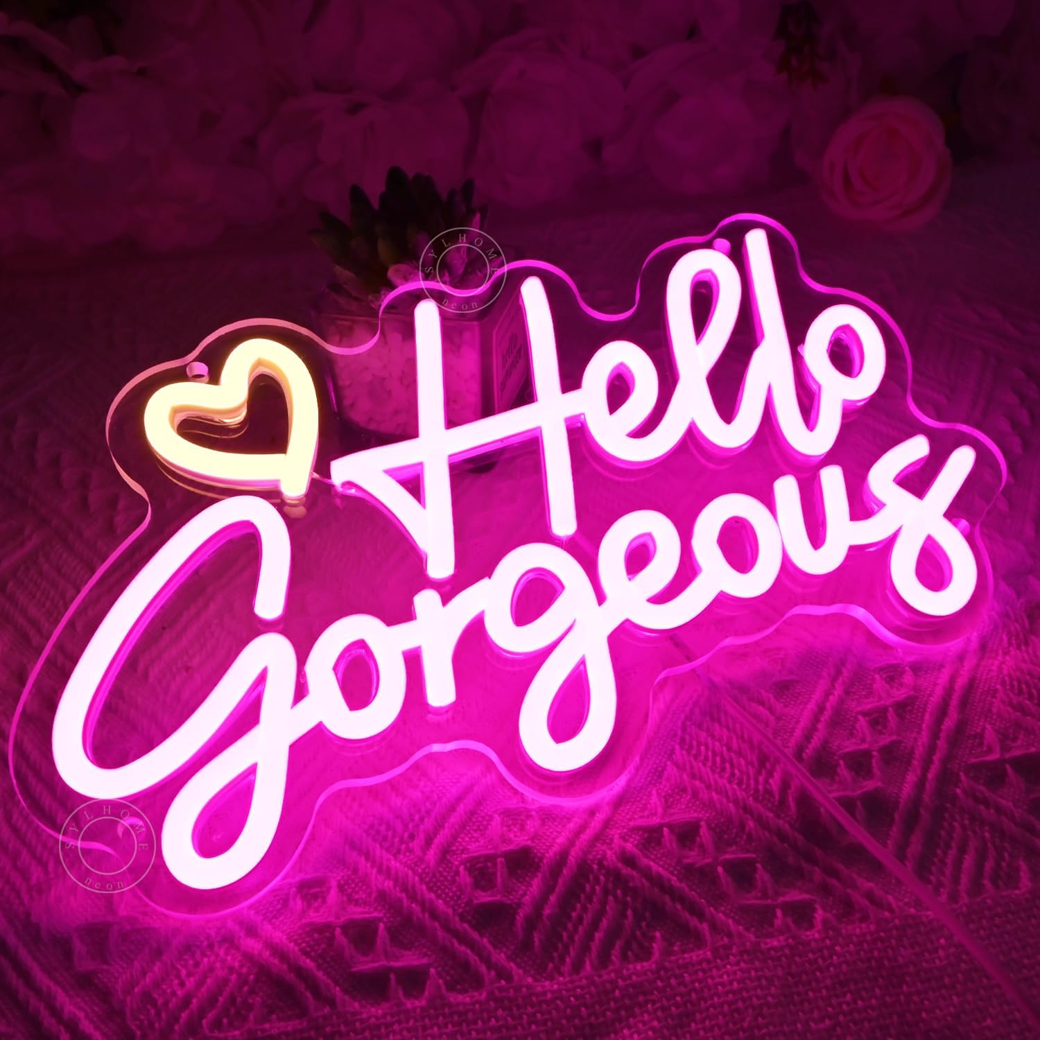 SYLHOME Hello Gorgeous Led Neon Light Sign Heart Bedroom Girls Room Wall Decor Sign Bar Beauty Studio Salon Wedding Birthday Christmas Party Decoration 11.8" X 6.8" USB