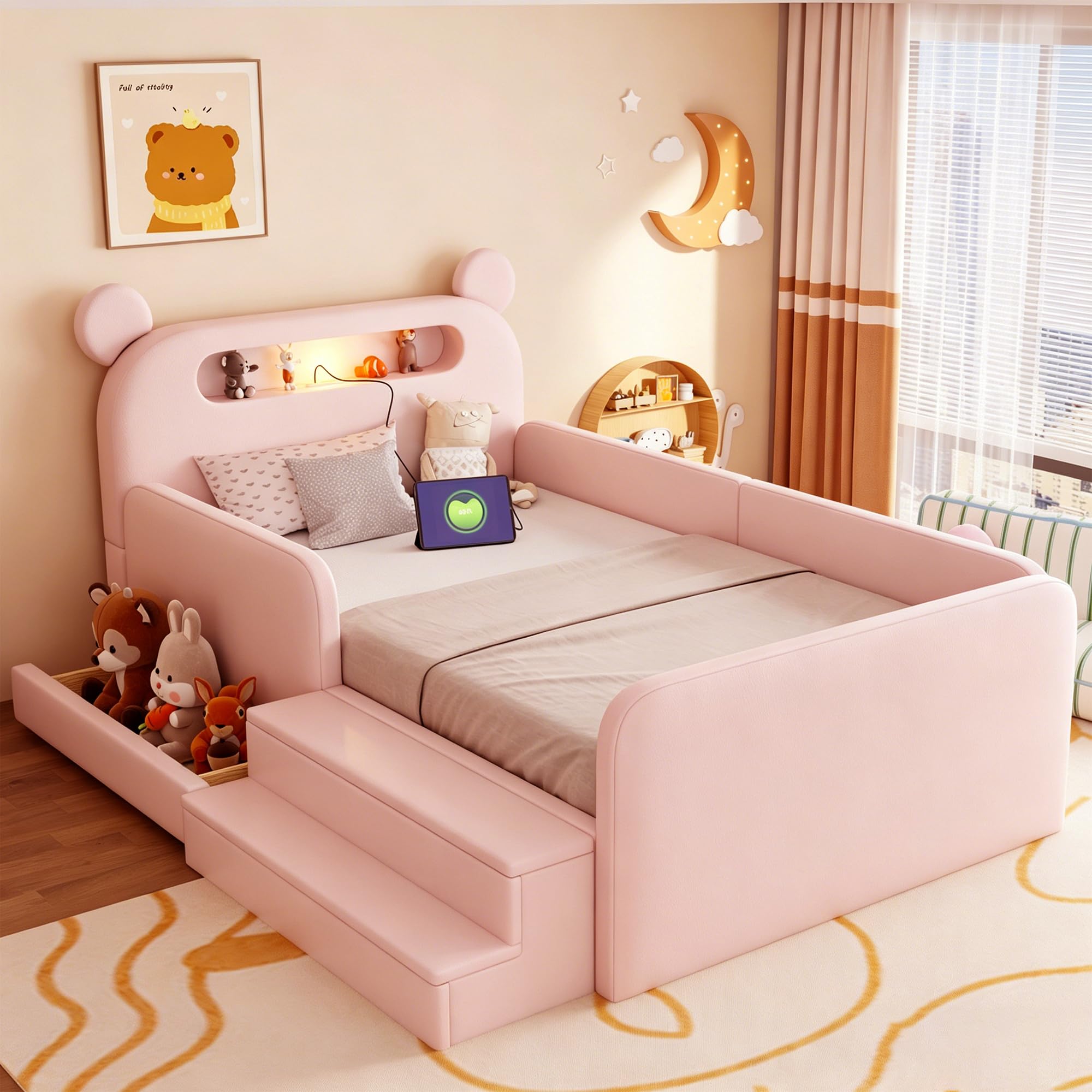 Cama infantil de 90x200 cm con cajón y almacenamiento abierto en cabecero de oso de piel blanca