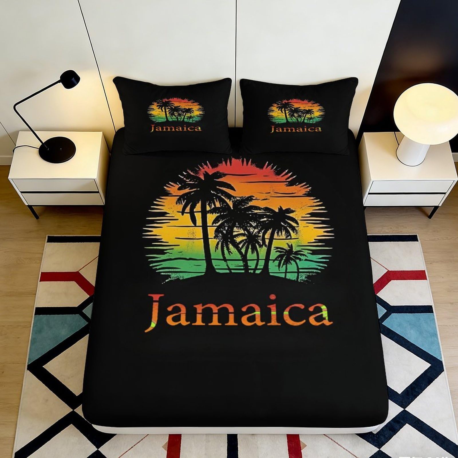 3D Printed Jamaica Sunset Fitted Sheet Microfiber Soft Anti-Slip Palm Tree Mattress Cover for Bedroom Dorm Decor 180x200x25cm