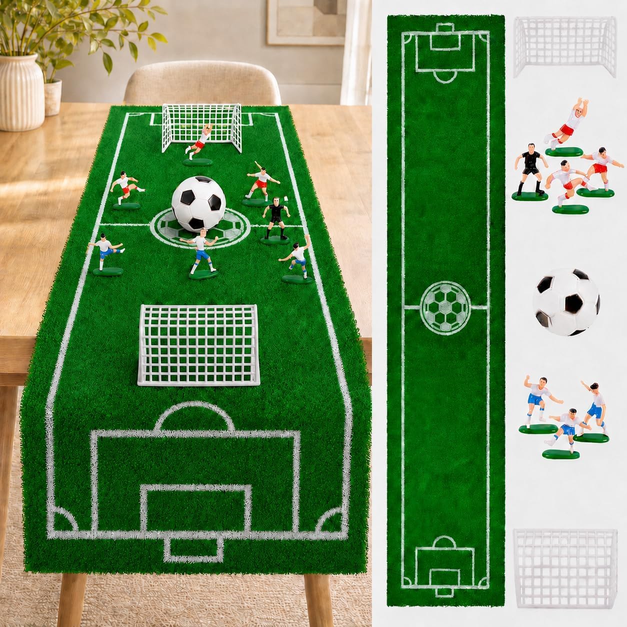 Sport Fußball Tischläufer Kunstrasen Tischdecke - 40 x 183 cm Tischläufer mit Mini Fußballmannschaft und Fussball, Grün Drinnen Draußen Tischdecken Tischdeko für Fußballparty Geburtstag Gartenparty