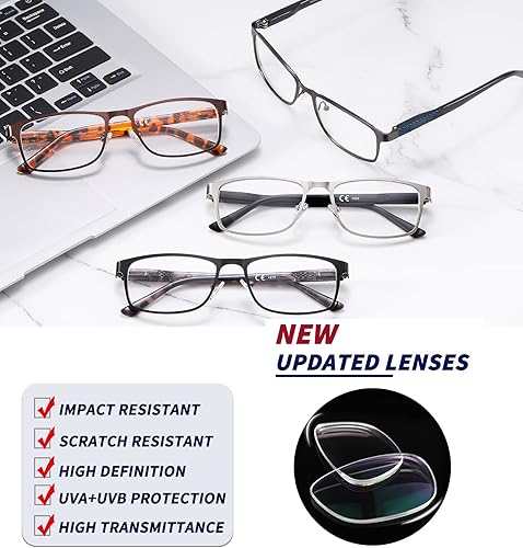 Miniatura 2 de JJWELL Paquete de 4 lentes de lectura para hombres, bloqueo de luz azul, lectores de marco completo de metal para hombres, antifatiga ocular,